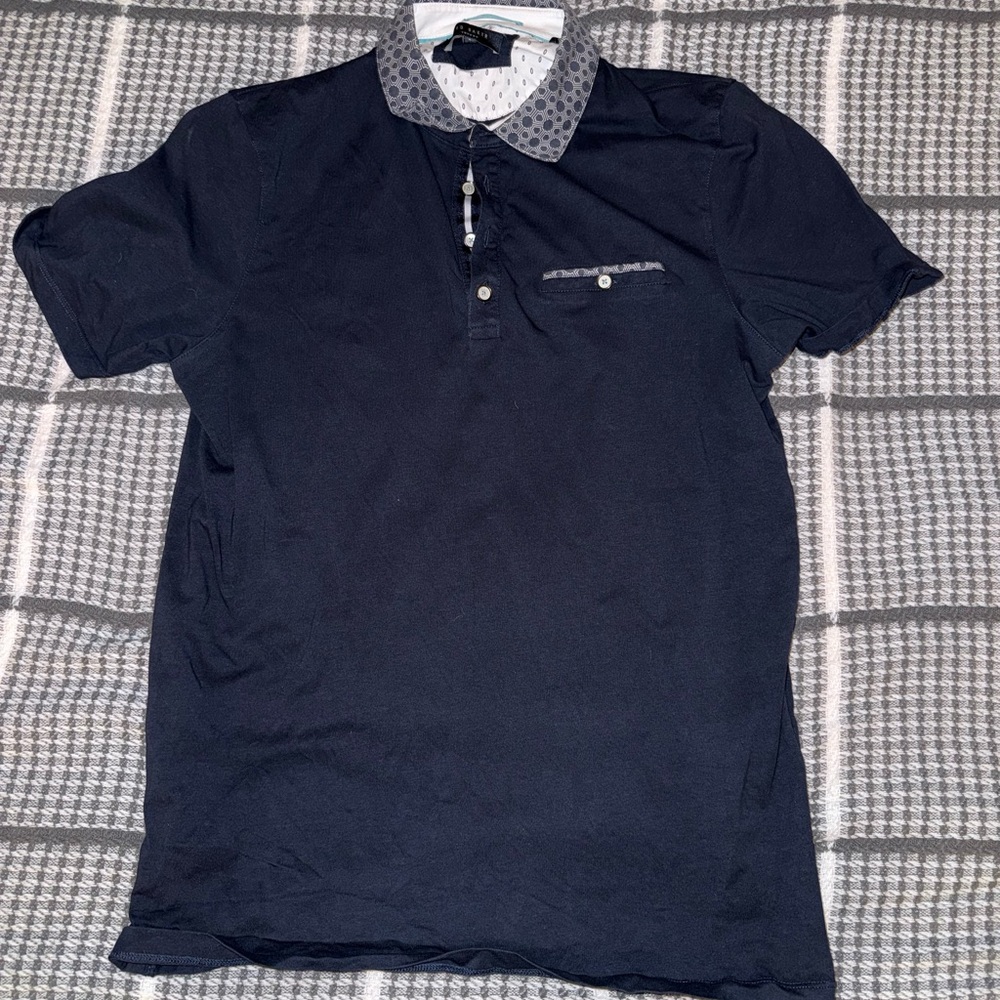 Ted Baker London Navy Polo with Patterned Grey Collar